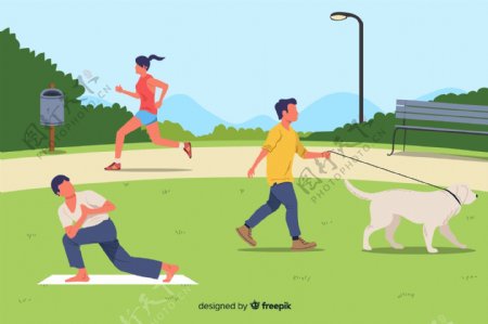 户外运动遛狗人物