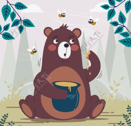 可爱坐着吃蜂蜜的棕熊