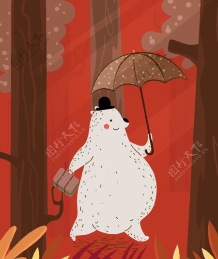 可爱撑伞行走的白熊