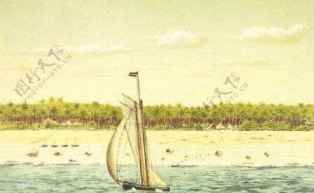手绘插画复古沙滩与帆船