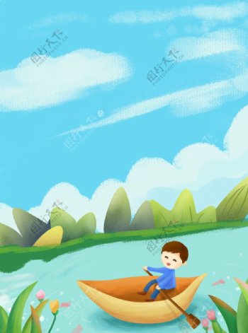 卡通草地天空池塘划船背景