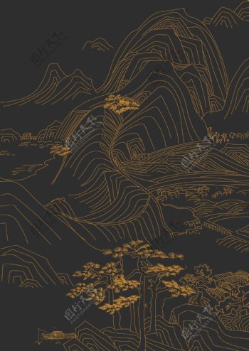 锦绣山水画金色线条中国风