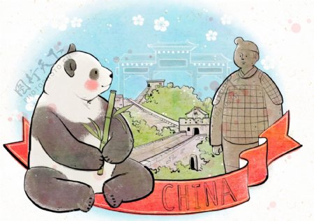 中国传统熊猫插画
