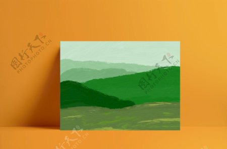 油画笔触绿色山水背景