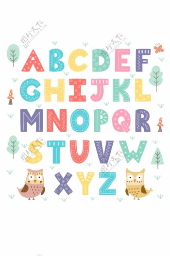 猫头鹰卡通英文字母元素