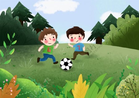 踢足球草坪清新卡通插画背景素材
