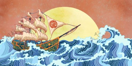 海浪波浪帆船古风传统背景素材