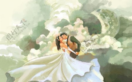 情侣婚礼插画卡通背景海报素材