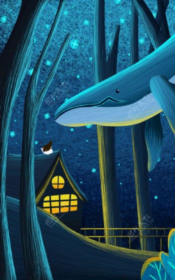 梦幻海洋鲸鱼与房屋治愈插画设计