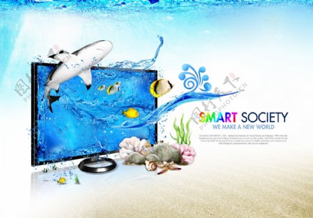 夏天海洋沙滩鲨鱼屏幕宣传海报
