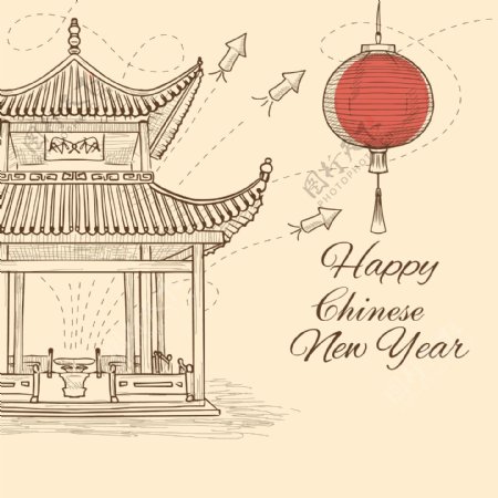 新年中国风古建筑矢量线描