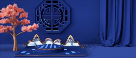 蓝色c4d中国风中秋节食品电商图片