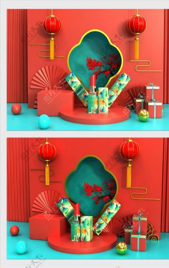 红色中国风美陈设计图片