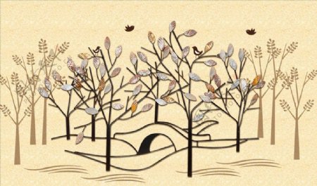 浮雕花抽象树飞鸟背景墙图片