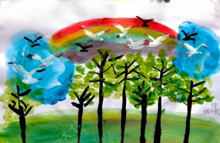 儿童水粉画风景画雨后的银杏林图片