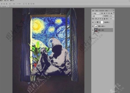 抽象涂鸦月亮星星窗台上的蒙面男图片