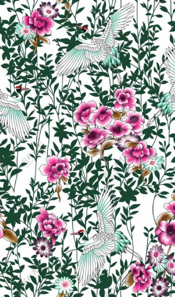 仙鹤牡丹花卉手绘印花图图片