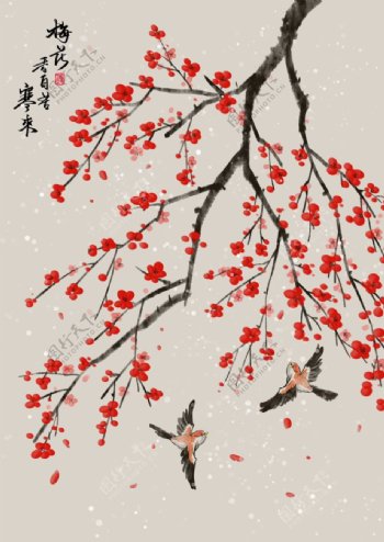 中式手绘梅花装饰画图片