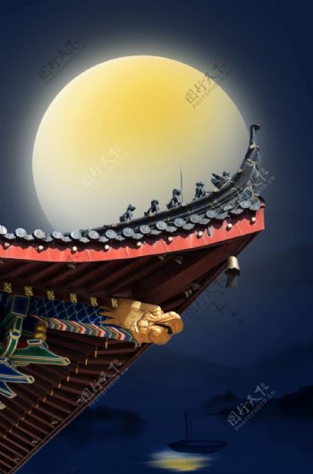 屋檐月亮复古背景海报素材图片
