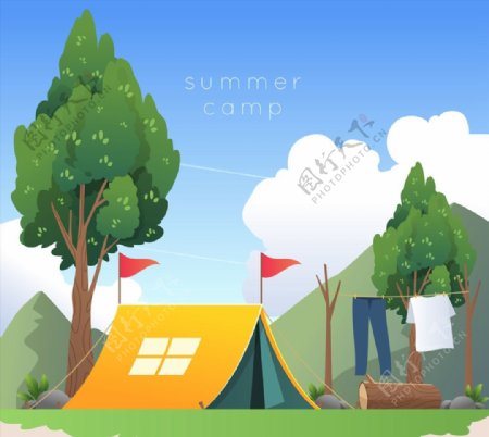 夏季野营帐篷插画图片