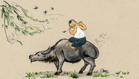 牧童复古水墨插画卡通背景素材图片