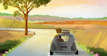 小车旅游旅行插画卡通背景素材图片