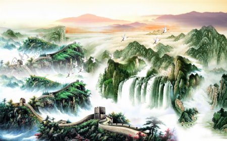 长城山水画国画图片