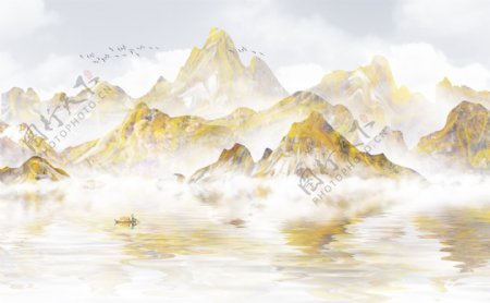 山水复古金色插画背景海报素材图片
