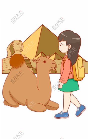 金字塔旁的女孩和骆驼图片