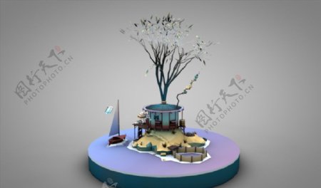 C4D模型亭台楼阁树与小舟图片