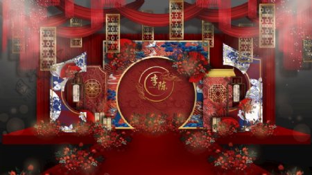 国潮风红蓝中式生日背景素材图片